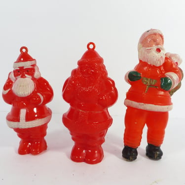 Mid Century Plastic Santa Claus Ornaments - Three Vintage Plastic Santa Claus Ornaments 