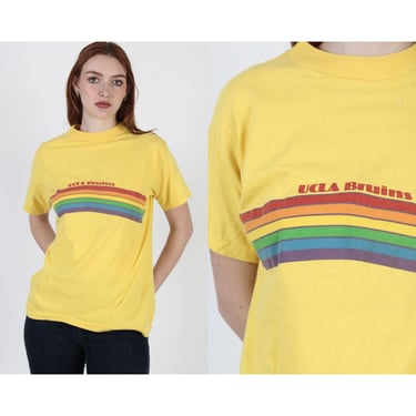 Vintage 70's UCLA Bruins College Rainbow Print Surfing Cotton Tee T Shirt Size M 