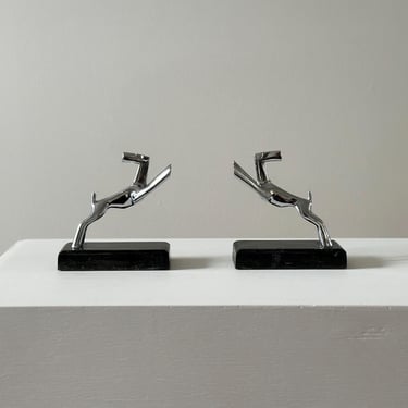 1930s – Set of Art Deco Chrome Dog Bookends - Hagenauer Style Leaping Hounds 