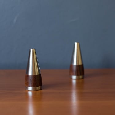 Vintage Danish Pair of Rosewood and Stainless Steel Salt and Pepper Shakers 