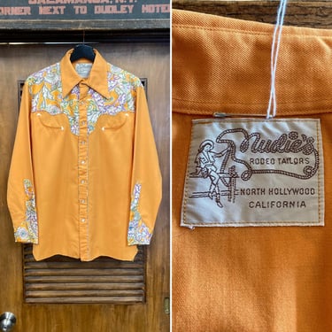 Vintage 1960’s “Nudies” Western Cowboy Glam Orange Twill x Silk Floral Pearl Snap Rockabilly Shirt, 60’s Vintage Clothing 