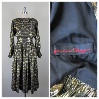 Designer vintage 1980s Pauline Trigere dress, metallic, silk, party, cocktail, formal, evening, holiday, black and gold, size medium 