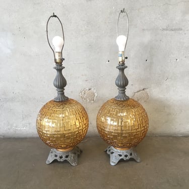 Pair Of Mid Century Amber Globe Table Lamps