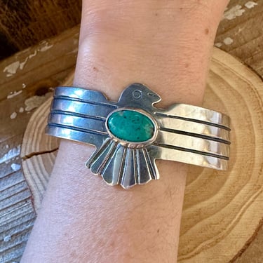SOARIN' THUNDERBIRD Sterling Silver & Turquoise Large Cuff | Navajo Native American Bird Bracelet | Southwestern Jewelry | Fred Harvey Style 