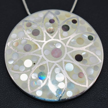 Atomic 70's abalone sterling disc pendant, shell inlay 925 silver snake chain mod boho necklace 