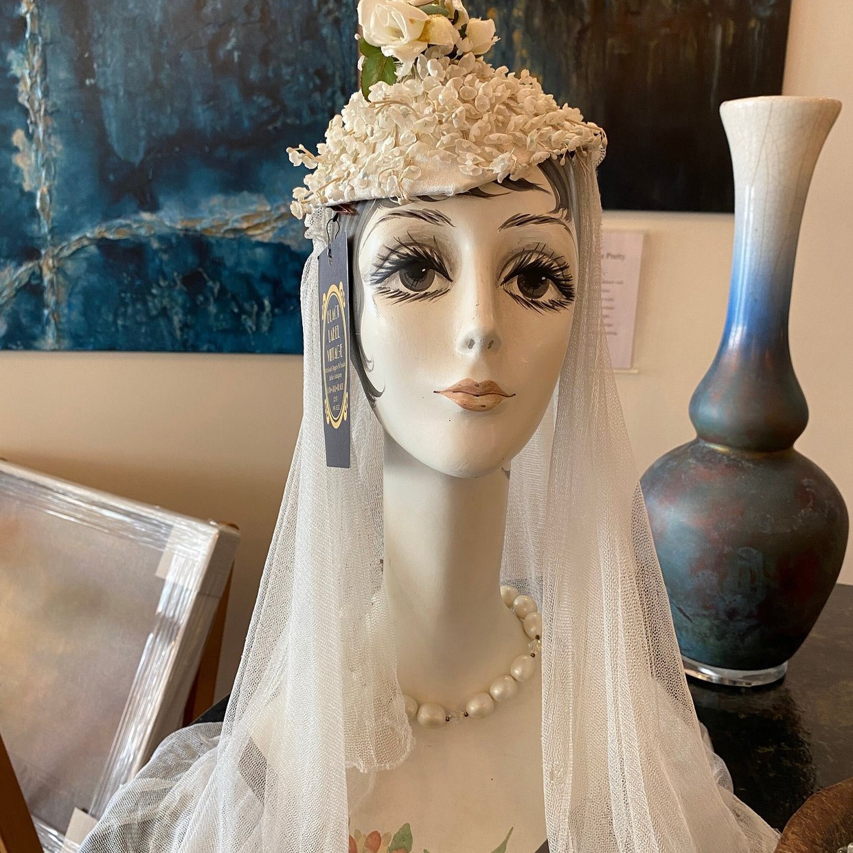 Vintage 40s 50s Wedding Veil & Headpiece & Beads West Germany Seafoam Green Wedding Bridal Veil, White, With Faux Pearls and Flowers  main image 3