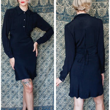 1970s Cameo Rayon Bias Cut Black Dress 