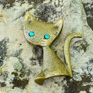 Brass Cat Figurine~Green Rhinestone Eyes 