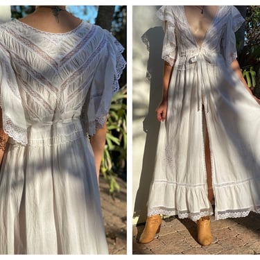 1970's Boudoir Robe Maxi Dress / Lounging Wrap Dress / Cotton Lace Chemise Dress / Wedding Night Dress / Lounge Robe Nightgown Dress 