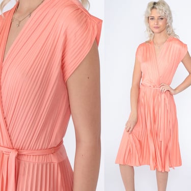 Peach Pink Dress 70s Midi Dress Pleated Faux Wrap Dress Grecian Party Disco Cap Sleeve V Neck High Waisted Belted Retro Vintage 1970s Medium 