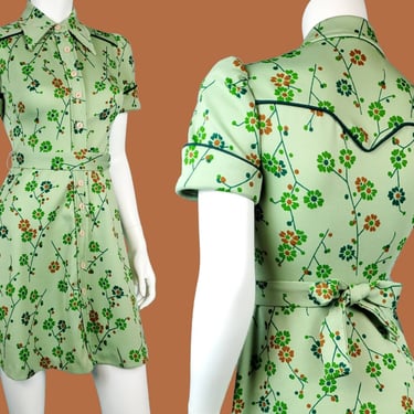 60s/70s sizzle mini dress. Fit n' flair textured poly butterfly collar button up belted shirt dress floral sage green western gogo. (XS) 