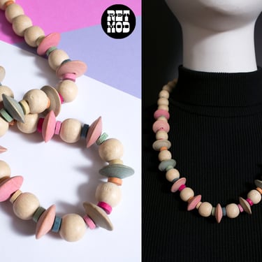 Fun Vintage 80s Natural Pastel Wood Beaded Chunky Statement Necklace 