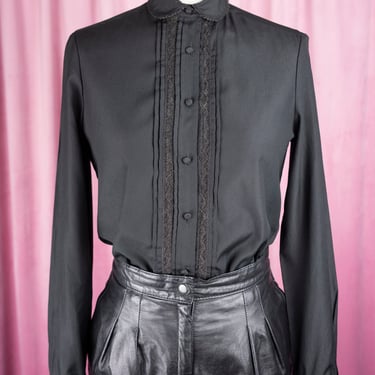 Vintage 70s Steven Barry Lace Trimmed Black Tuxedo Blouse with Covered Buttons and Peter Pan Collar 
