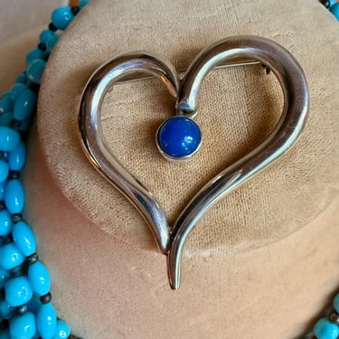 Modern Heart, Vintage Sterling Brooch with Chalcedony Dangle 