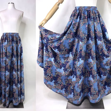 2000s Blue Paisley Flowing Silky Maxi Skirt by Lapogee 26-34