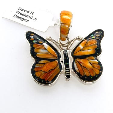David R Freeland Jr Artisan Multi Stone Inlay Butterfly Pendant Sterling Silver 