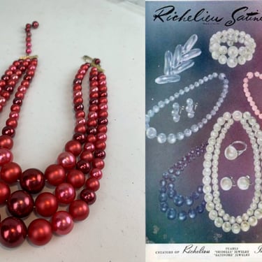 The Delight Was All Hers - Vintage 1950s Tones of Claret Red 3 Strand Faux Pearl Necklace 