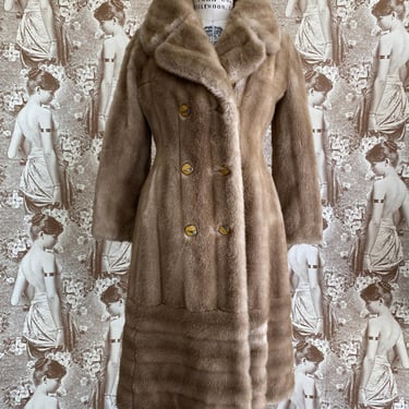 Vintage 1970s beige faux fur coat, double breasted winter overcoat, mod style, medium, lykafur, priscilla modes london 