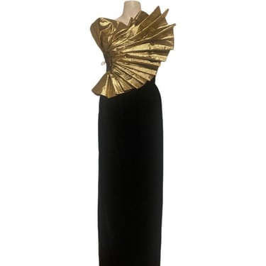 80's Designer Vintage gold fan Dress gold cocktail dress, one shoulder sleeve avant garde gown, wearable art gala museum gown size small 