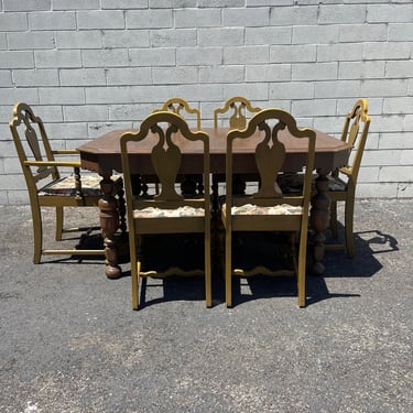 7pc Antique Dining Table Chairs Set Jacobean Chair Vintage Wood Kitchen Seating Furniture Armchair Arts Crafts Country  CUSTOM PAINT AVAIL 