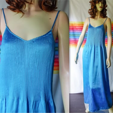 Jewel tone pleated maxi slip dress size medium, designer Mary McFadden blue sexy low cut evening wear or full length tank for wedding guest 