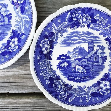 2 Blue & white china plates Adams Cattle Scenery English ironstone plates for hanging, Floral Granny / French country cottage decor 