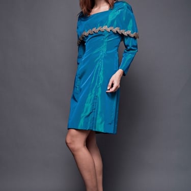 Vintage 70s Dress Shawl Cape Cocktail Party Taffeta Blue Turquoise Beaded Mini Dress Long sleeves S SMALL 