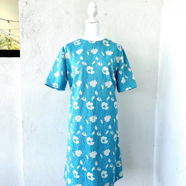 Vintage 60s 70s Metallic Knit Dress Blue Floral Mod Dress 