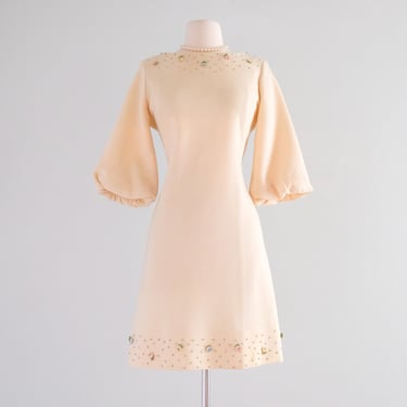 Vintage 1960's Pastel & Pearl Adorned Ivory Knit Mod Mini Dress/ Medium