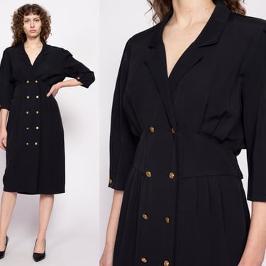 80s Black Mini Suit Dress - Medium | Vintage Double Breasted Military Style 3/4 Sleeve Dress 