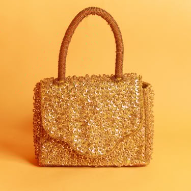 60s Gold Cluster Sequin Beaded Top Handle Shimmery Purse Vintage Letter Novelty Boxy Bag 