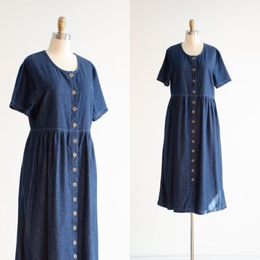 denim midi dress 90s vintage dark wash oversized jean dress 