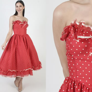 Gunne Sax Red Chiffon Dress, Jessica McClintock Saloon Gown, Off Shoulder Polka Dot Maxi 