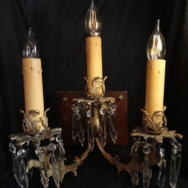 Antique Rococo Brass & Crystal 3 Candle Sconce 13 x 15.25 x 10