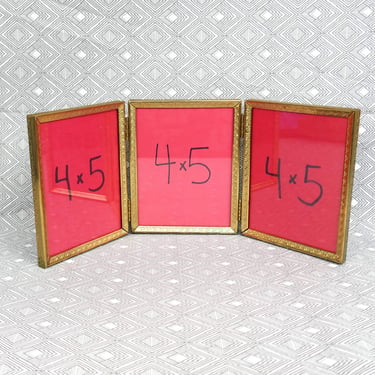 Vintage Tri-Fold Hinged Picture Frame - Triple Gold Tone Metal Frame w/ Glass - Holds Three 4" x 5" Photos - 4x5 Frames 