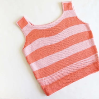 Vintage Stripe Knit Top M - 1960s Coral Pink Sleeveless Knitted Vest Shirt 