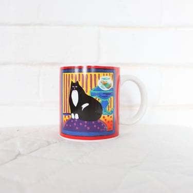 1990's Illustrated Cat + Fishbowl Coffee Mug 