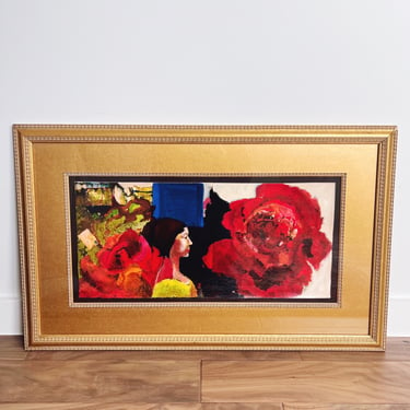 Vintage Red Floral Original Oil Painting 