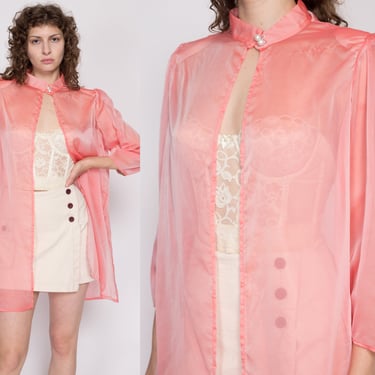 XL 80s Sheer Pink Chiffon Jacket | Vintage Open Fit Long Shirt 