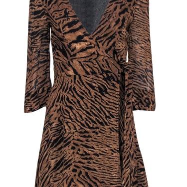 Ganni - Brown &amp; Black Tiger Print Wrap Dress Sz 4