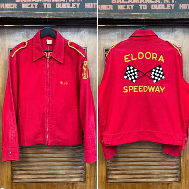 Vintage 1950’s Size XL Eldora Speedway Corduroy Hot Rod Drag Race Chain Stitch Rockabilly Jacket, 50’s Vintage Clothing 
