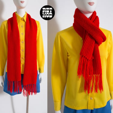 Cozy Vintage 60s 70s Red Winter Scarf with Fringe 