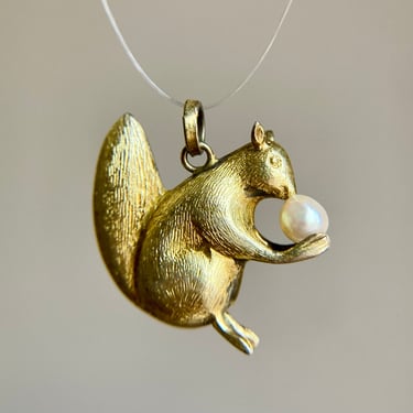 Vintage Chinese Export Silver Gilt Pendant Squirrel Holding Pearl Nut, Unusual 
