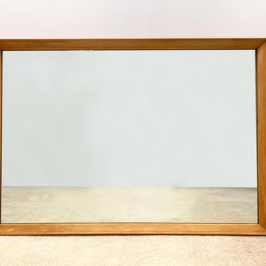 vintage large wall mirror modernist beveled maple wood frame mid century 