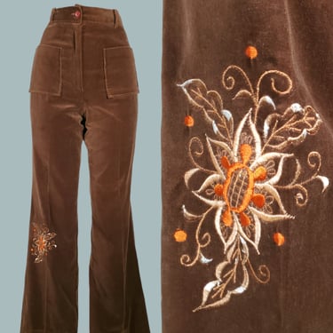 Brown velvet embroidered pants. Vintage 1970s. Wide leg. Cotton with front patch pockets. (30 x 34) 