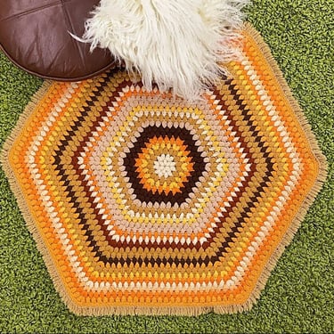 Vintage Accent Rug 1980s Retro Size 31x31 Bohemian + Hexagon Shape + Afghan Style + Striped + Orange + Brown + Wool + Handwoven + Boho Home 