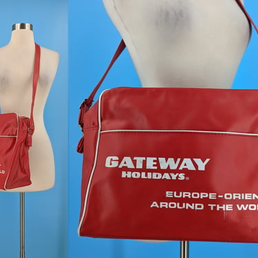 Vintage Gateway Holiday Red Vinyl Carry On Square Zipper Cross Body Travel Shoulder Bag 