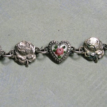 Sterling and Enamel Religious Rose and Heart Bracelet, Saint Therese Bracelet, Sterling Religious Bracelet (#3991) 