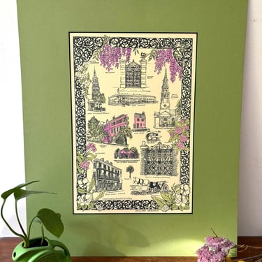 Vintage Art Print by Ravenel Gaillard | Charleston South Carolina Landmark w Pink Purple Flower Gate Border | Mounted Spring Green Mat Board 