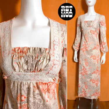 So Pretty Vintage 70s Off-White & Pink Floral Lace Patterned Peasant Style Maxi Dress 